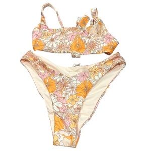Axil swim Floral Bikini Set with Orange and Pink tie back size small retro style